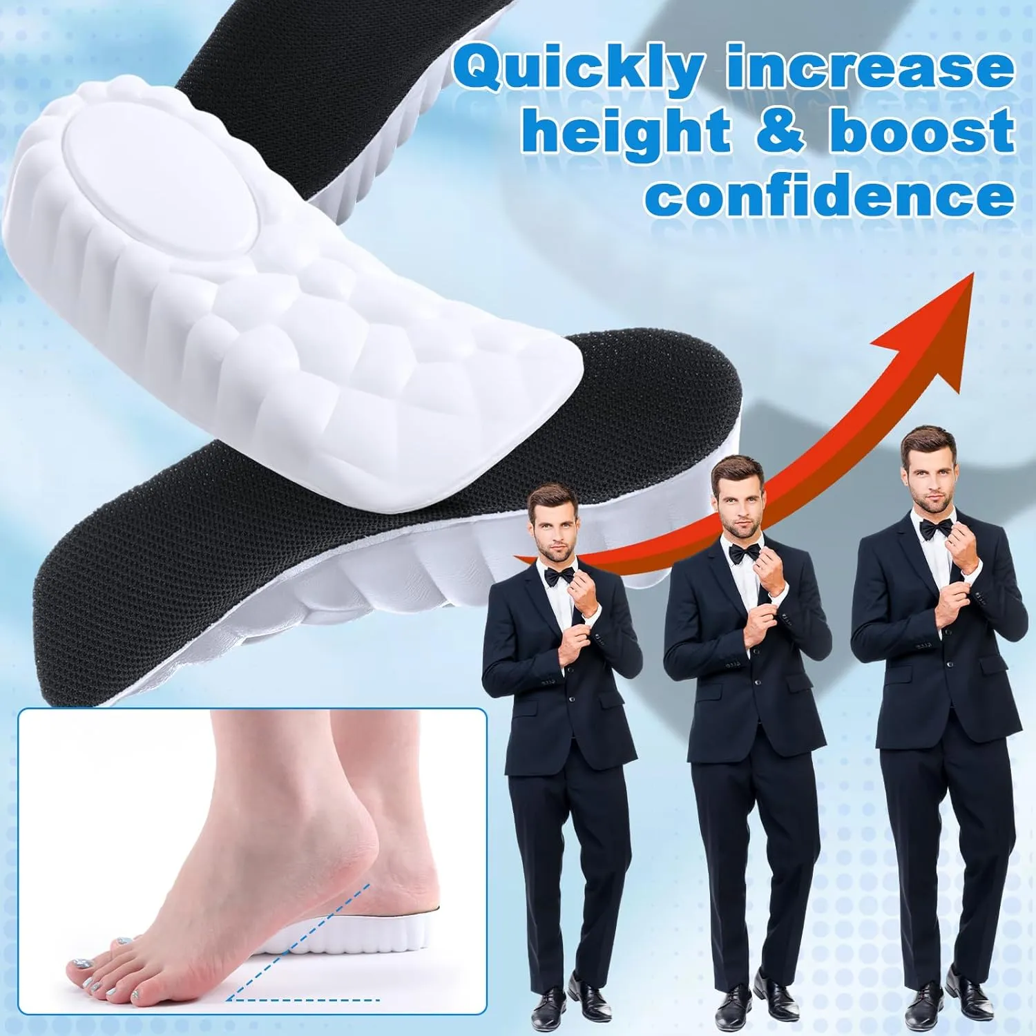 3 Pairs Orthopedic High Pads Height Increase Insoles Arch Support Insoles Height Boosters Cushions for Men, Women(Black,1.0 Inch)