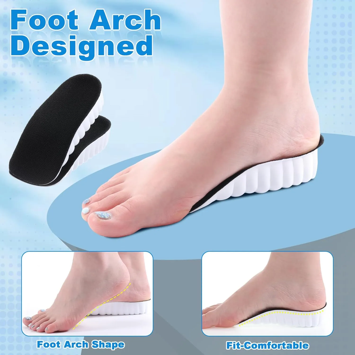 3 Pairs Orthopedic High Pads Height Increase Insoles Arch Support Insoles Height Boosters Cushions for Men, Women(Black,1.0 Inch)
