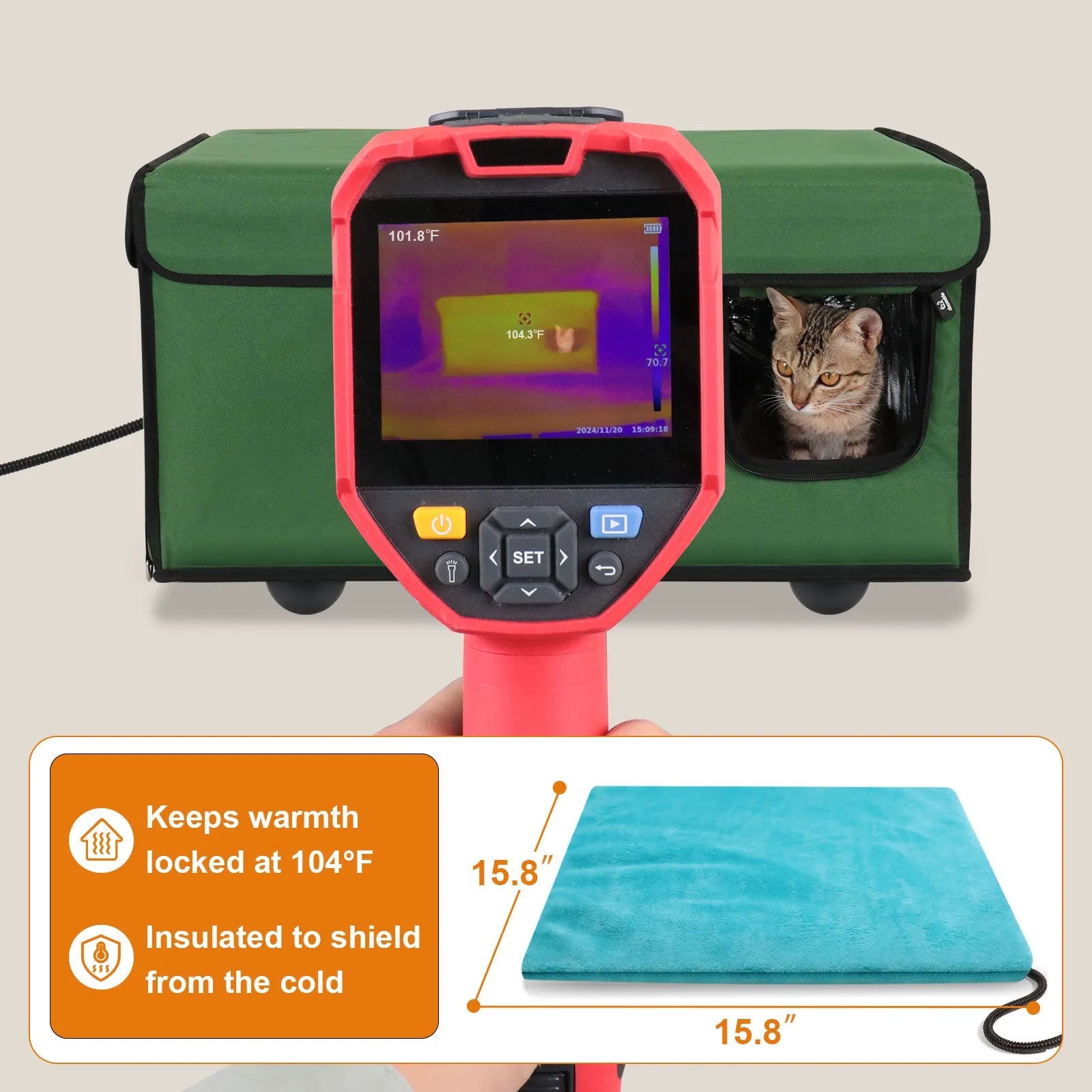 Army Green Large Outdoor Heated Cat House