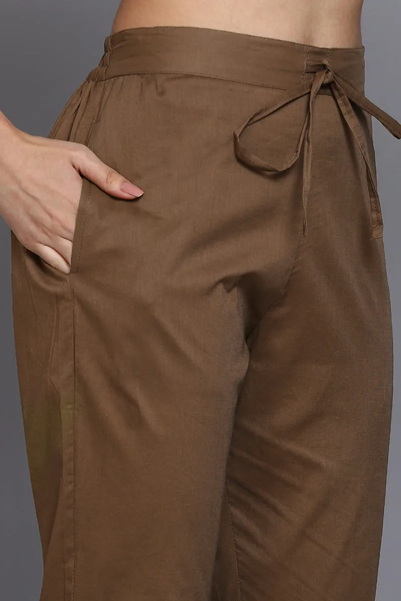 Cotton Khaki Embroidered Straight Kurta Pant With Dupatta