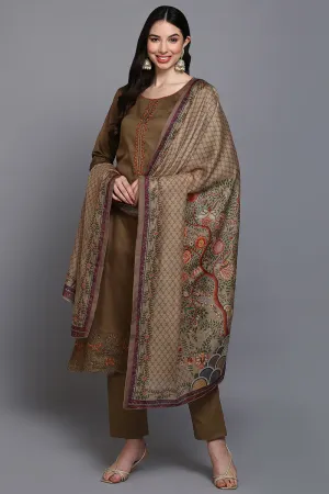 Cotton Khaki Embroidered Straight Kurta Pant With Dupatta