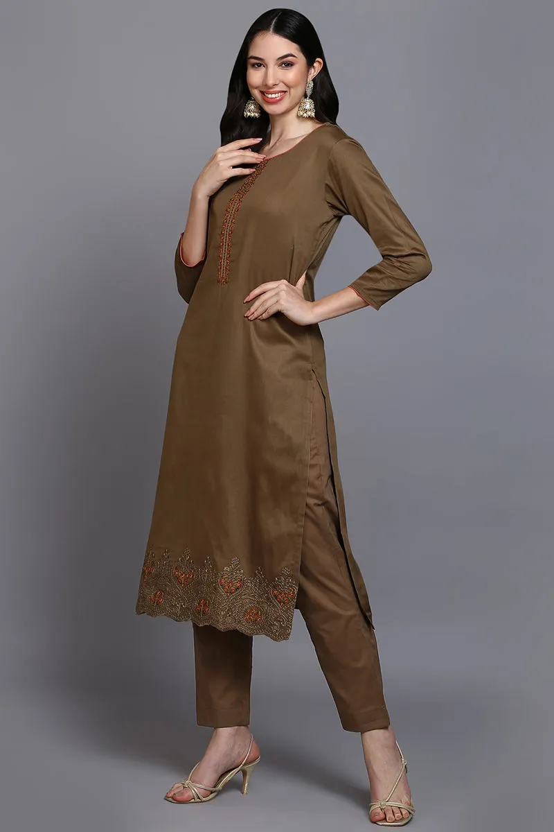Cotton Khaki Embroidered Straight Kurta Pant With Dupatta