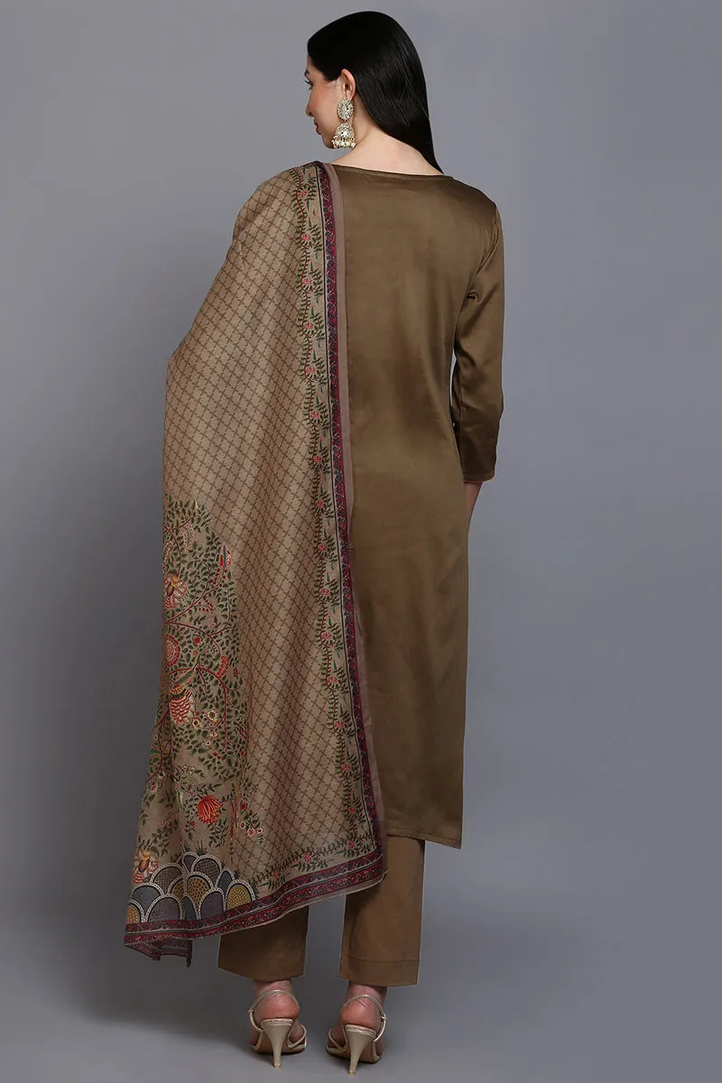 Cotton Khaki Embroidered Straight Kurta Pant With Dupatta