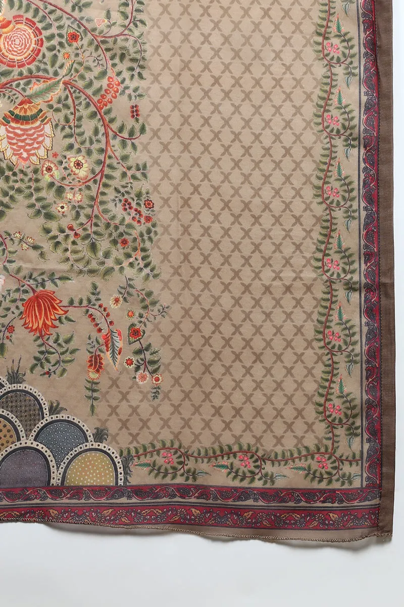 Cotton Khaki Embroidered Straight Kurta Pant With Dupatta