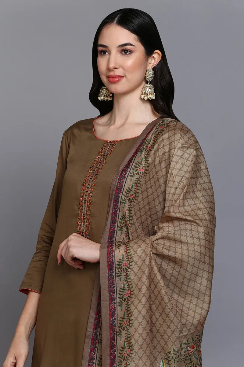 Cotton Khaki Embroidered Straight Kurta Pant With Dupatta