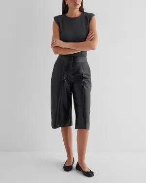 Editor High Waisted Faux Leather Seamed Gaucho Pant in Pitch Black