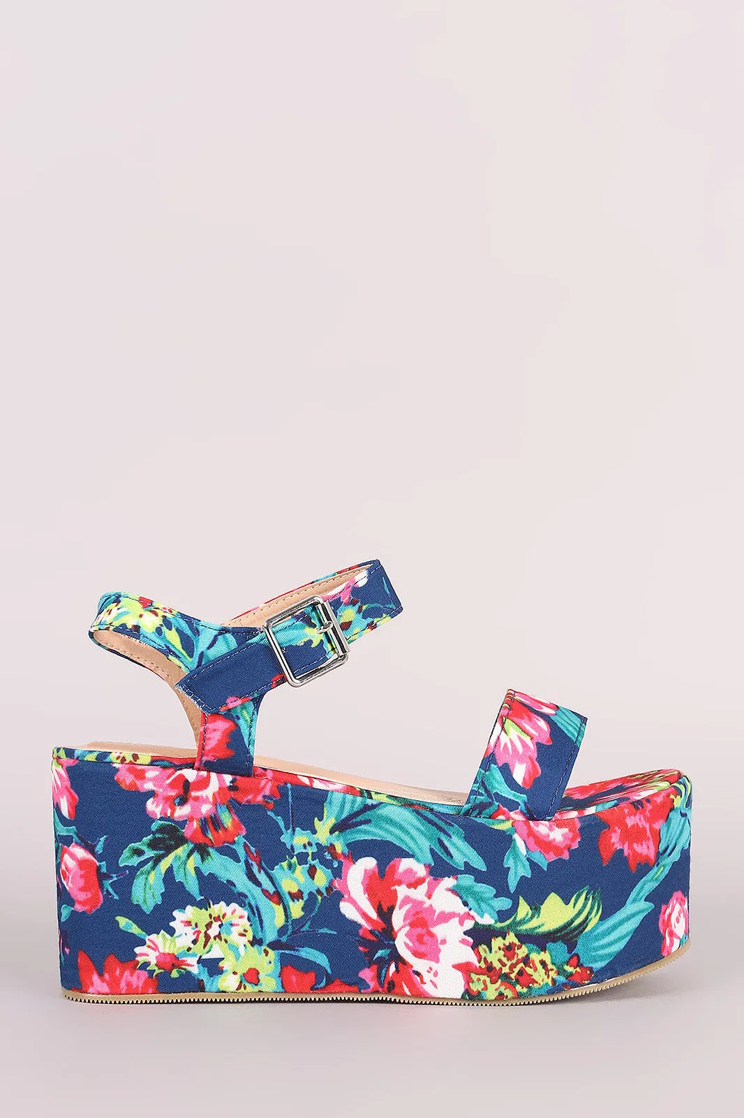 Floral Print Ankle Strap Flatform Wedge