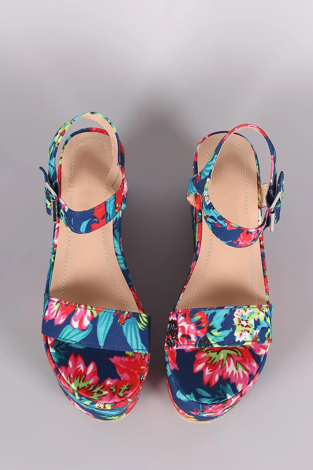 Floral Print Ankle Strap Flatform Wedge