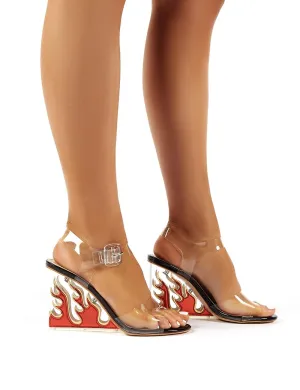 Hot AF Black and Red Flame Detail Clear Perspex Heeled Wedges