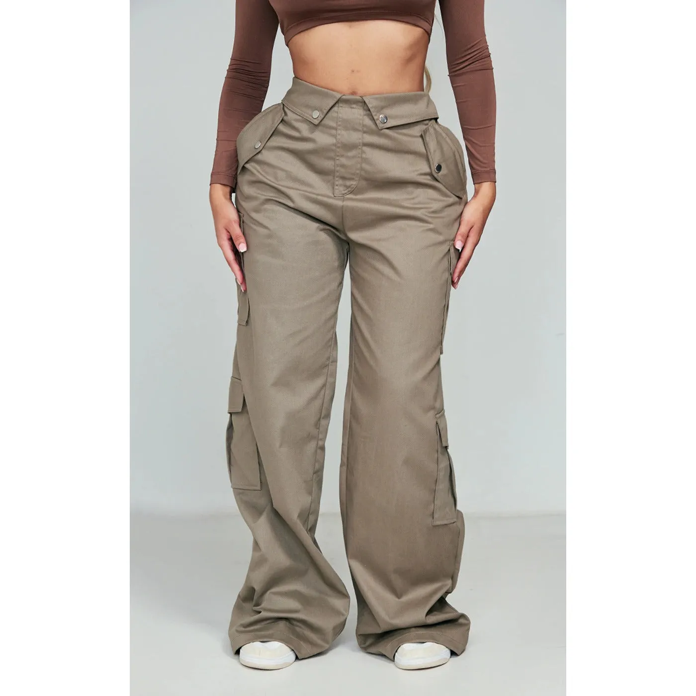 Khaki Fold Waist Band Cargo Trousers