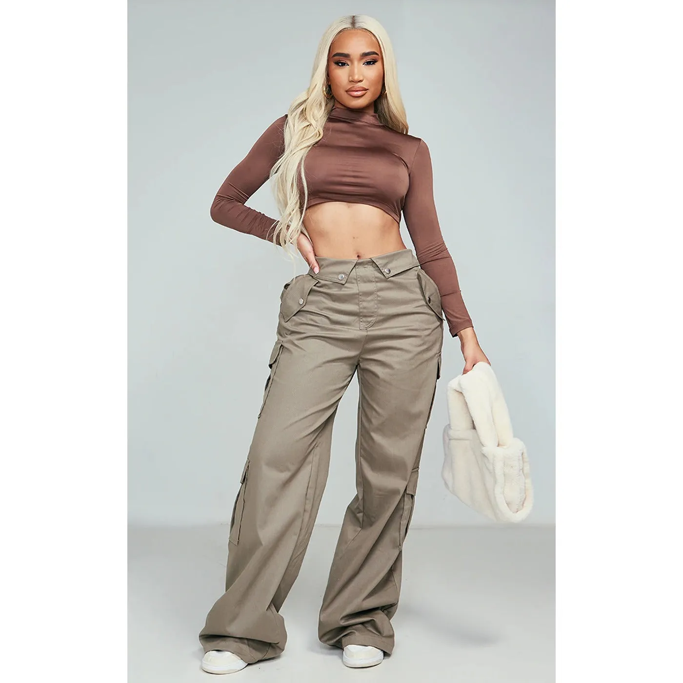 Khaki Fold Waist Band Cargo Trousers