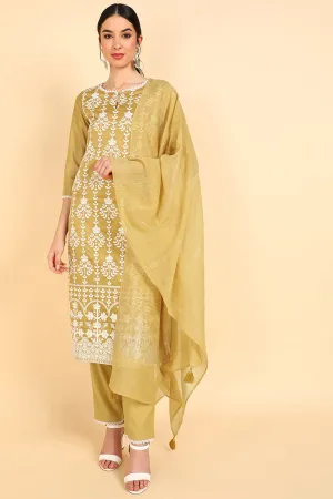 Khaki Poly Silk Embroidered Straight Suit Set