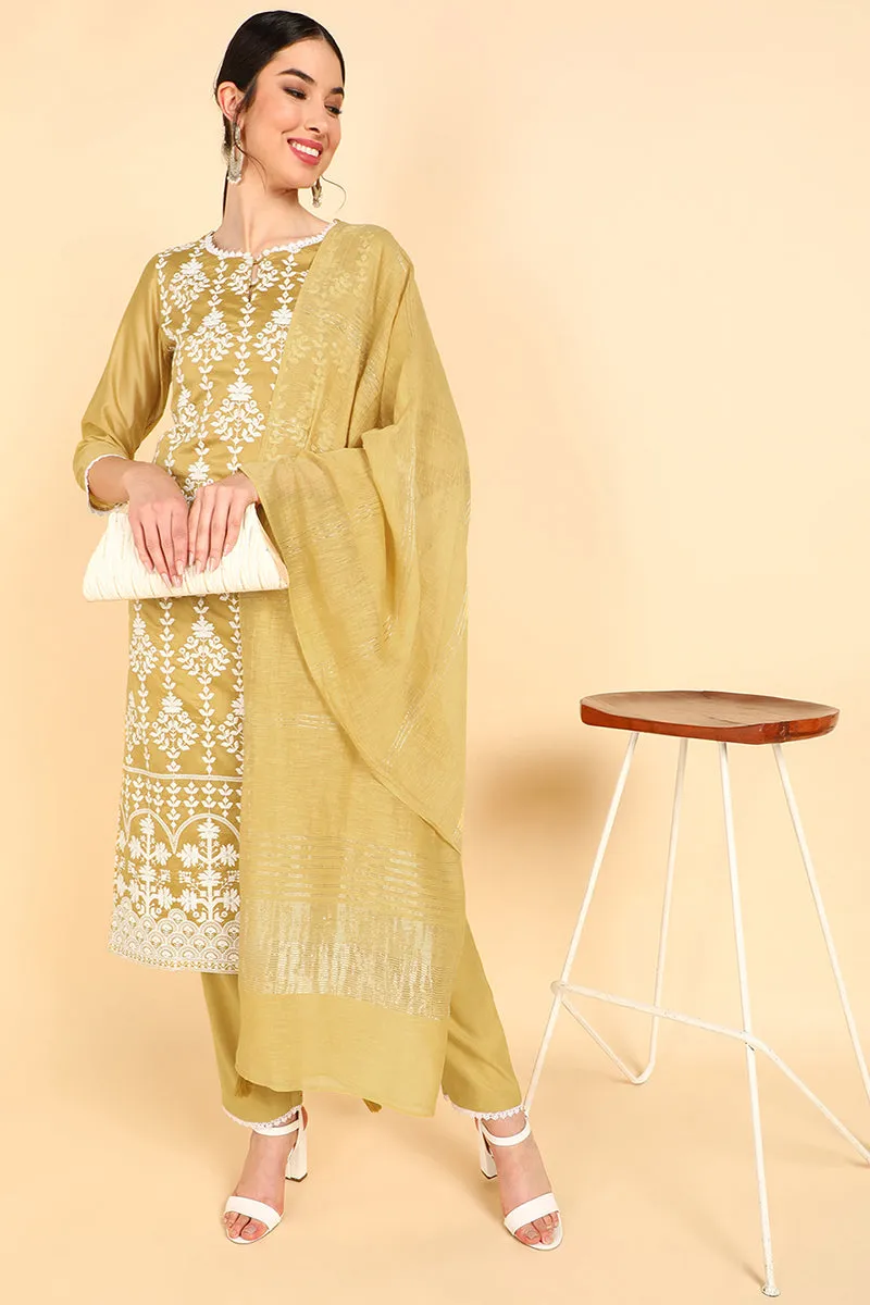 Khaki Poly Silk Embroidered Straight Suit Set
