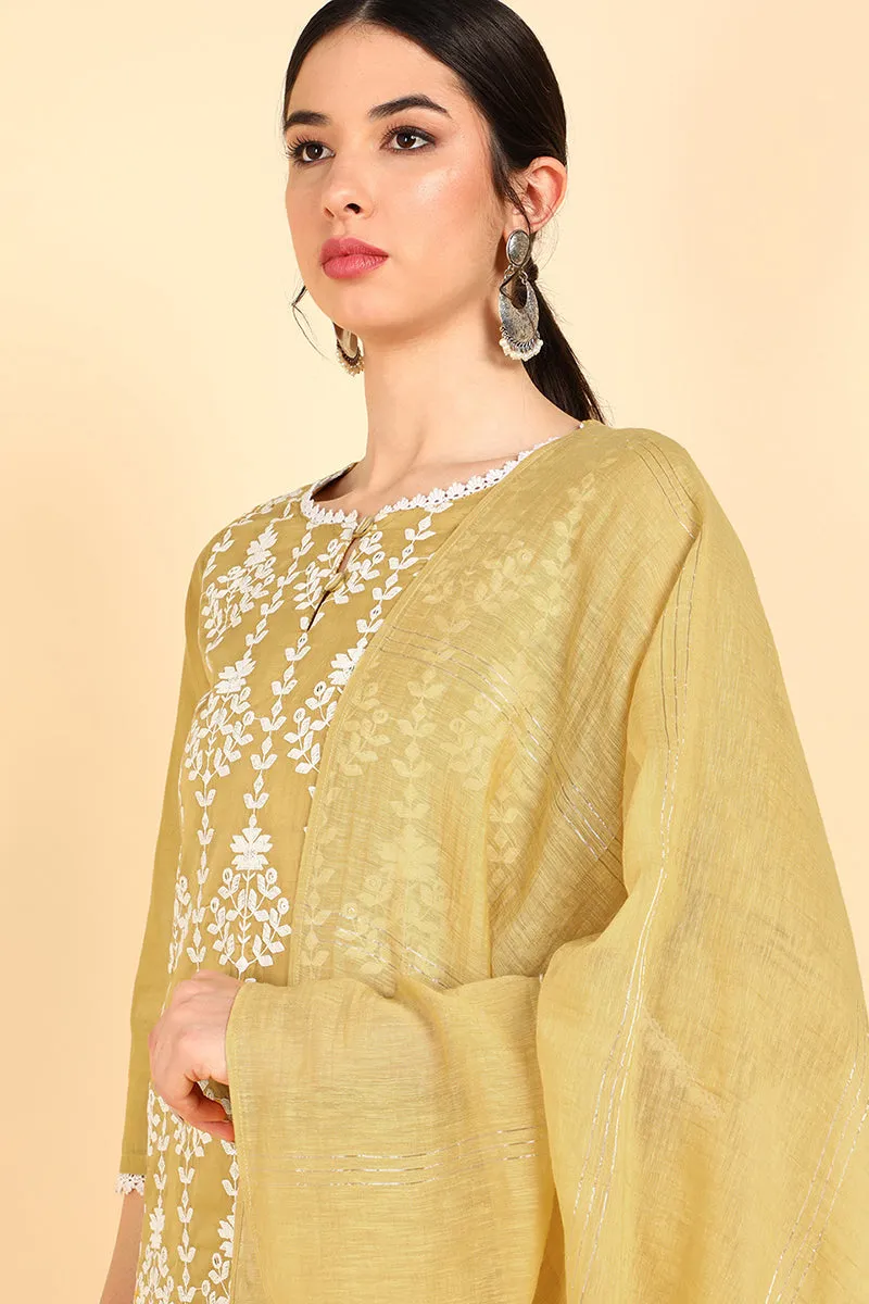 Khaki Poly Silk Embroidered Straight Suit Set