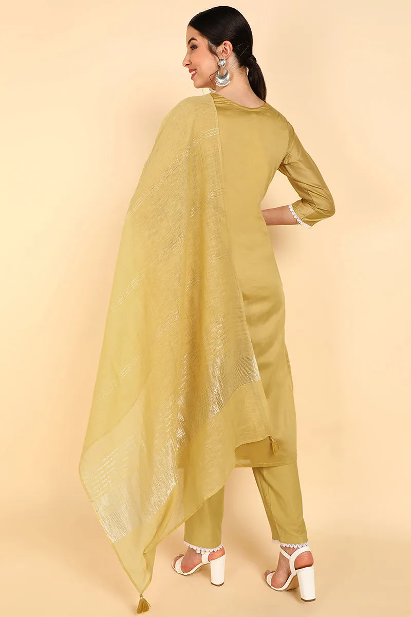 Khaki Poly Silk Embroidered Straight Suit Set