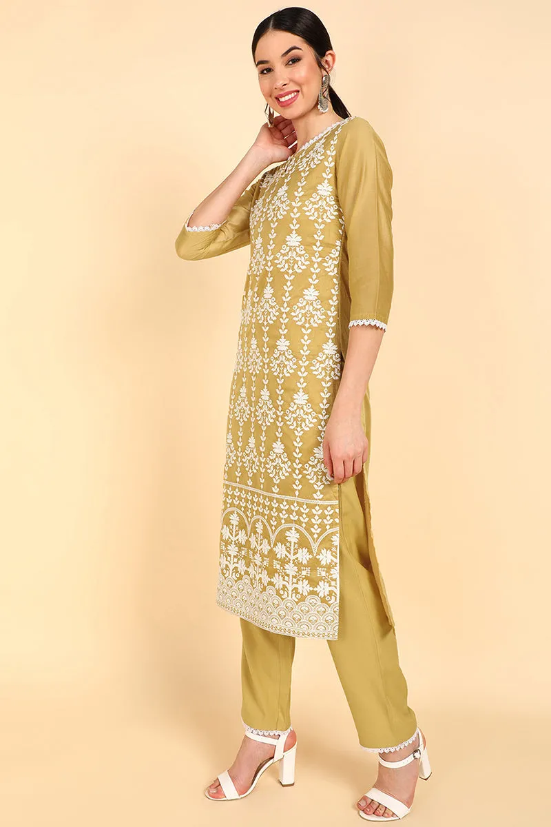 Khaki Poly Silk Embroidered Straight Suit Set