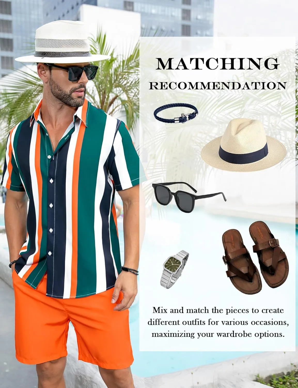 LecGee Men's Hawaiian Shirt Set Tropical Print Striped Button Down Hawaiian Shirt and Shorts 2 Piece Outfits