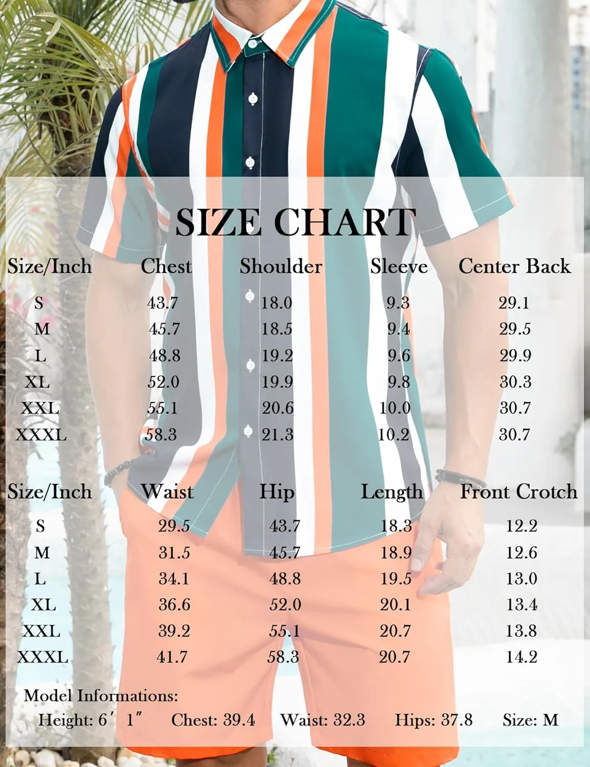 LecGee Men's Hawaiian Shirt Set Tropical Print Striped Button Down Hawaiian Shirt and Shorts 2 Piece Outfits