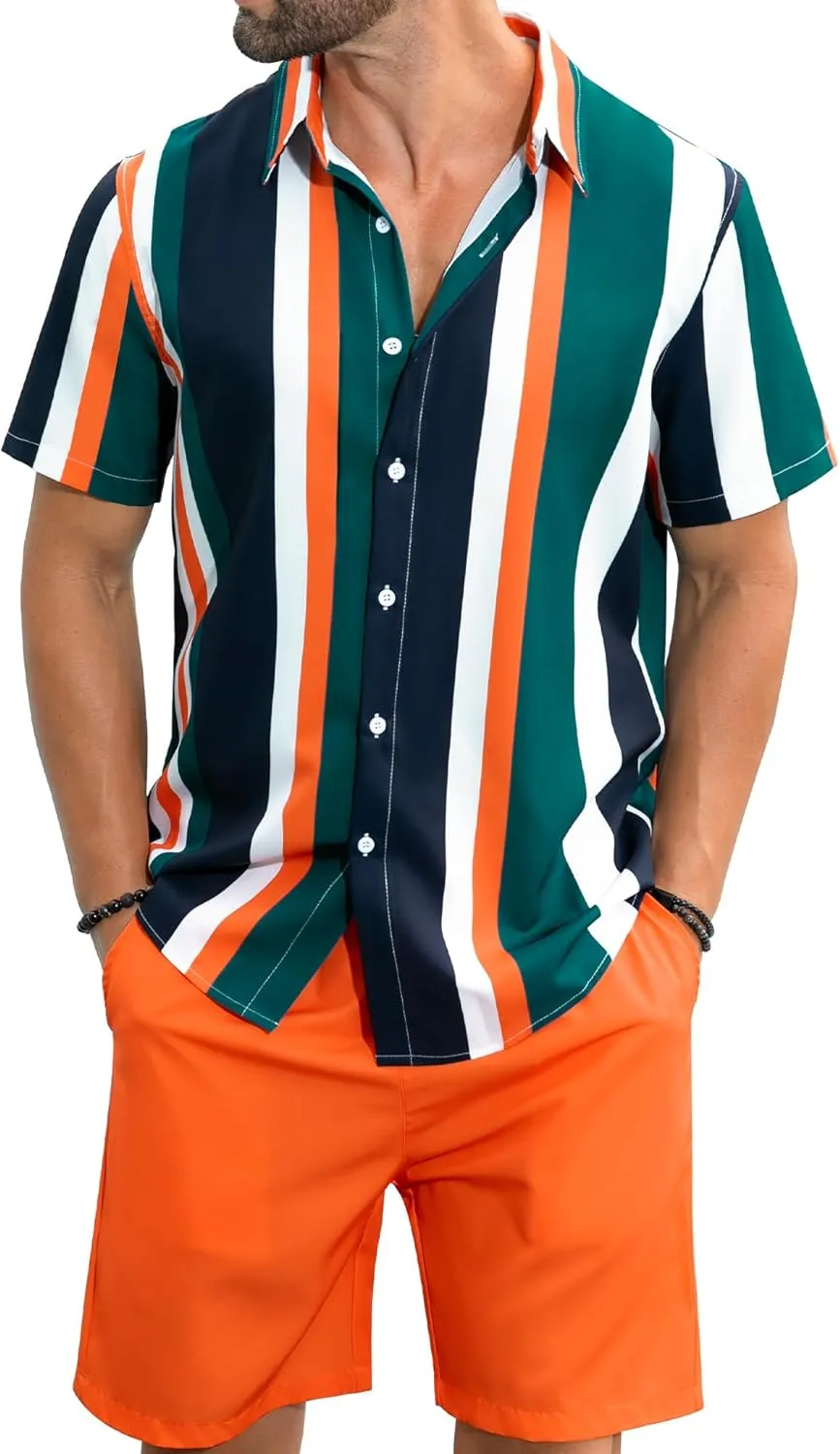 LecGee Men's Hawaiian Shirt Set Tropical Print Striped Button Down Hawaiian Shirt and Shorts 2 Piece Outfits