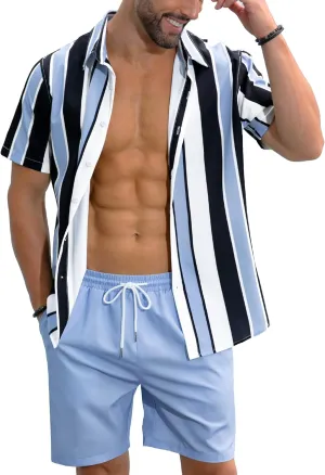LecGee Men's Hawaiian Shirt Set Tropical Print Striped Button Down Hawaiian Shirt and Shorts 2 Piece Outfits