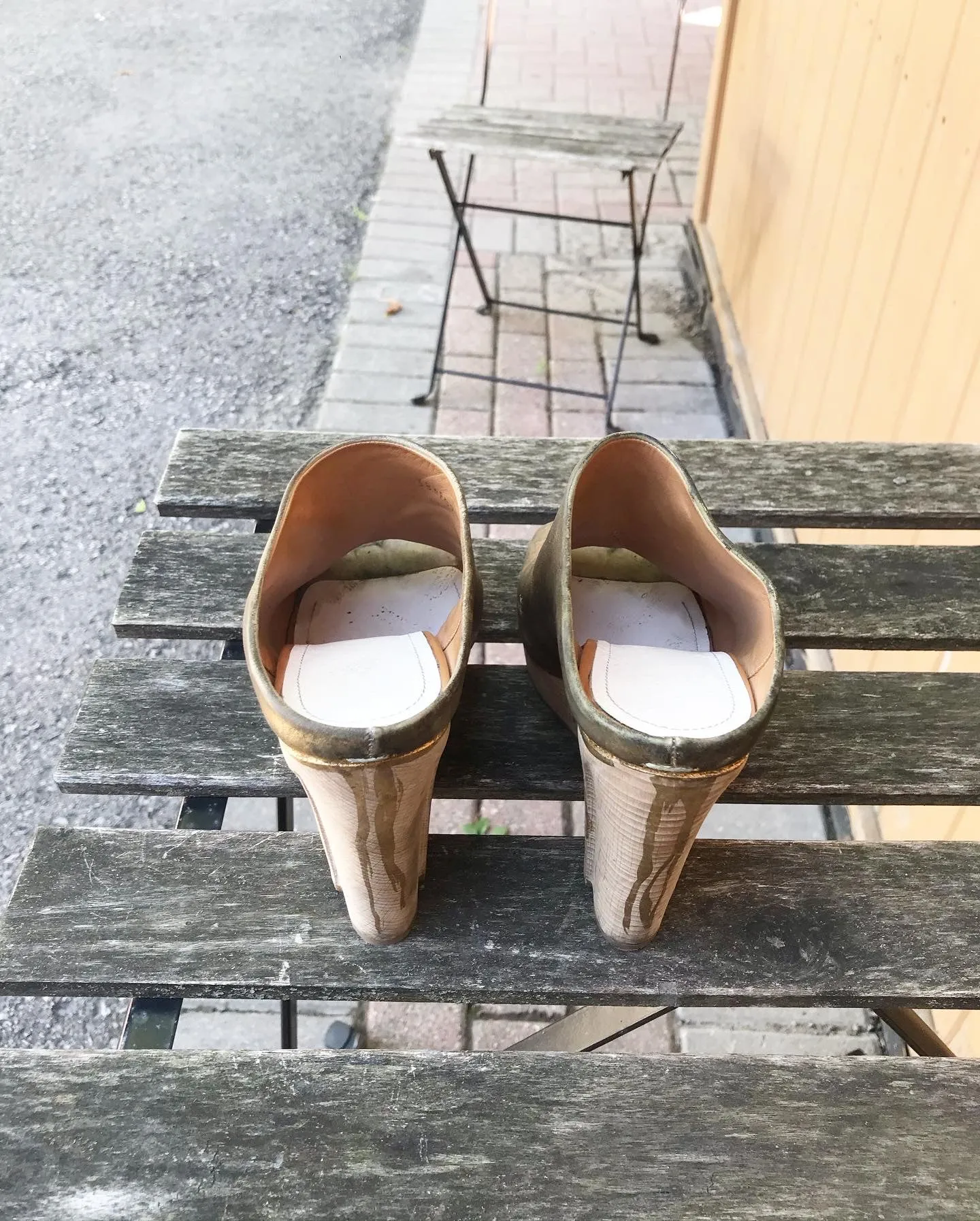 MAISON MARTIN MARGIELA Distressed Leather Wooden Heel Wedges In Gold Paint Drip Design