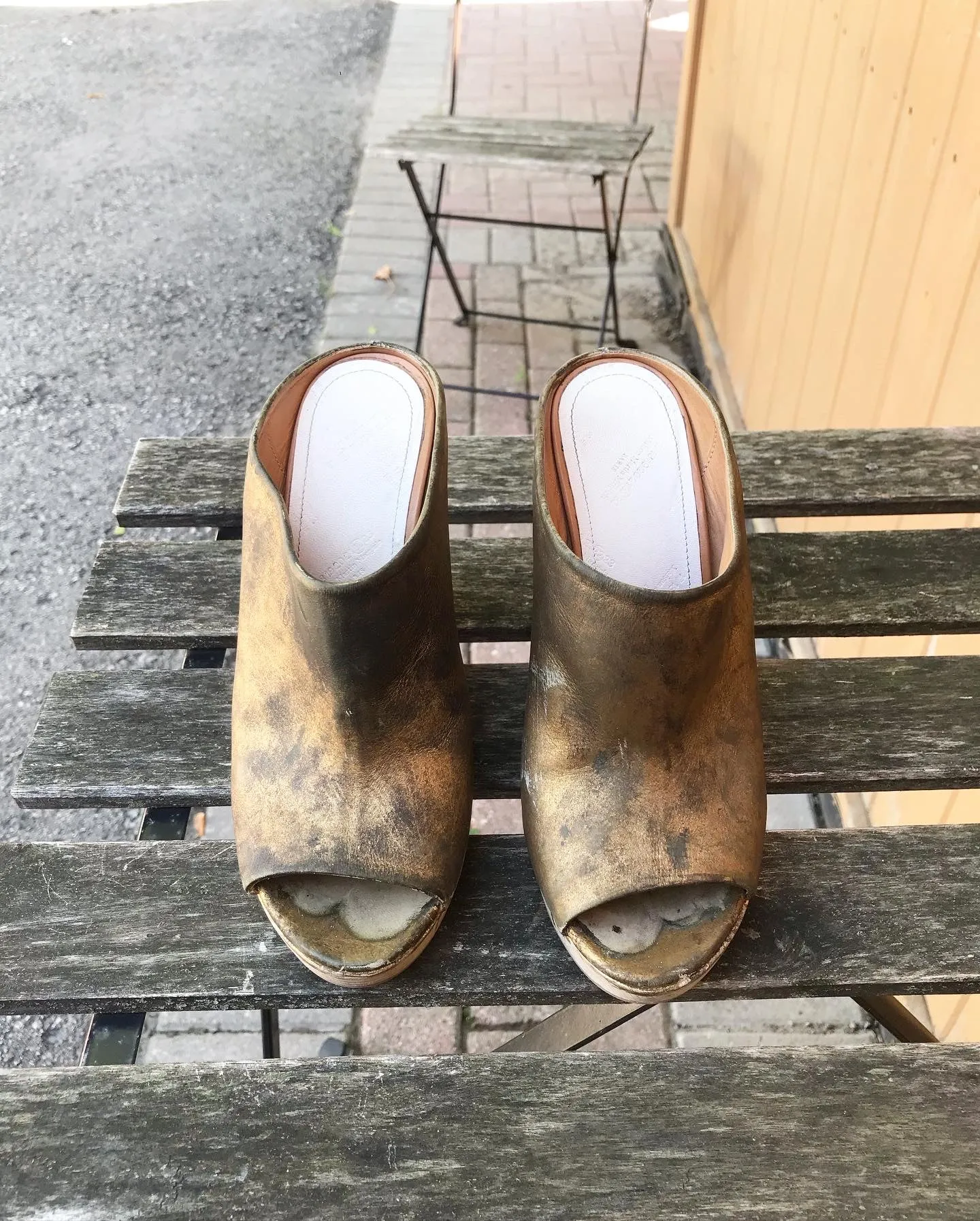MAISON MARTIN MARGIELA Distressed Leather Wooden Heel Wedges In Gold Paint Drip Design