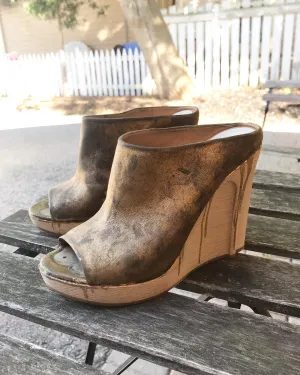 MAISON MARTIN MARGIELA Distressed Leather Wooden Heel Wedges In Gold Paint Drip Design