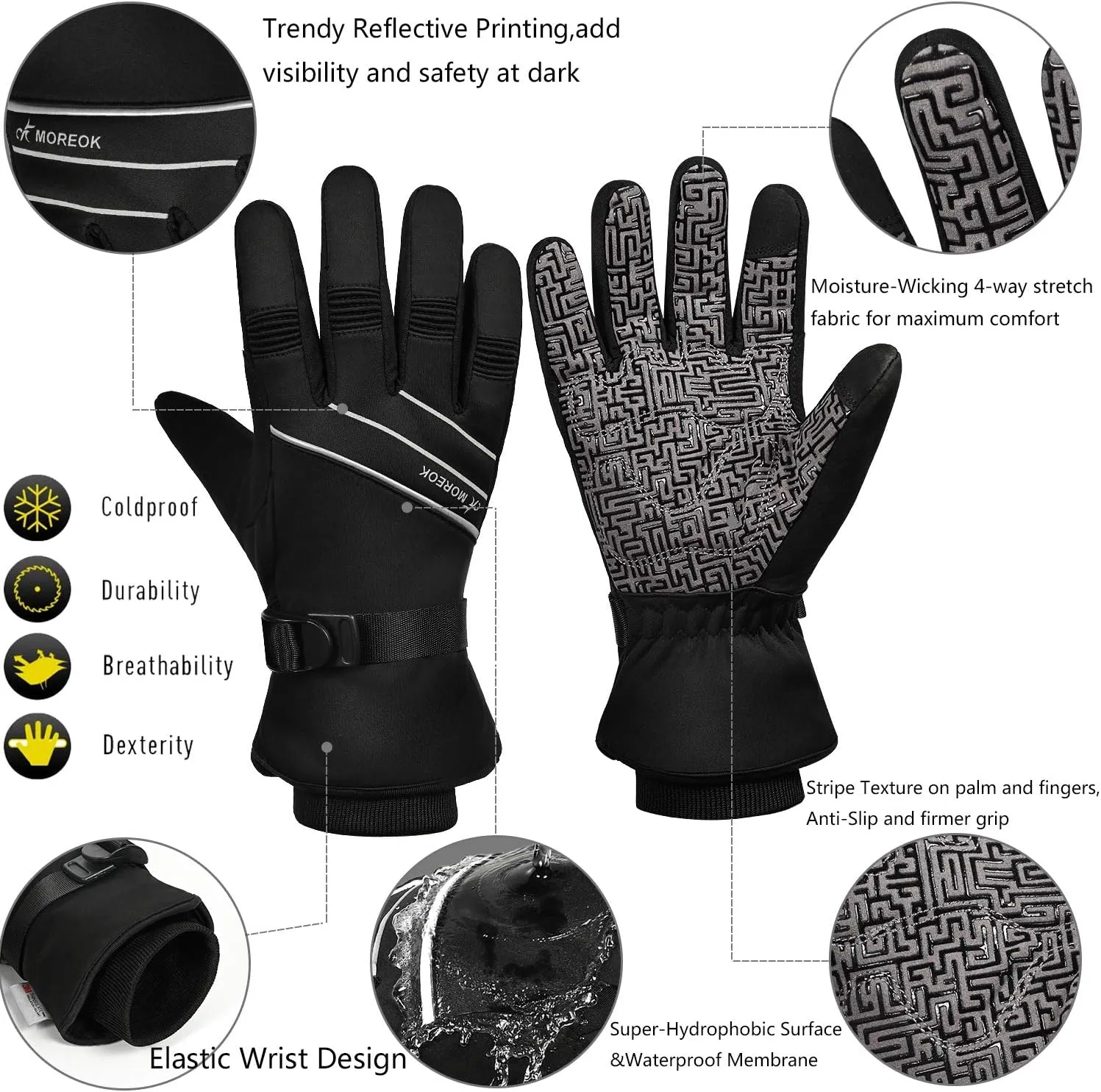 MOREOK Waterproof & Windproof -30??F Winter Gloves for Men/Women, 3M Thinsulate Thermal Gloves Touch Screen Warm Gloves for Skiing,Cycling,Motorcycle,Running