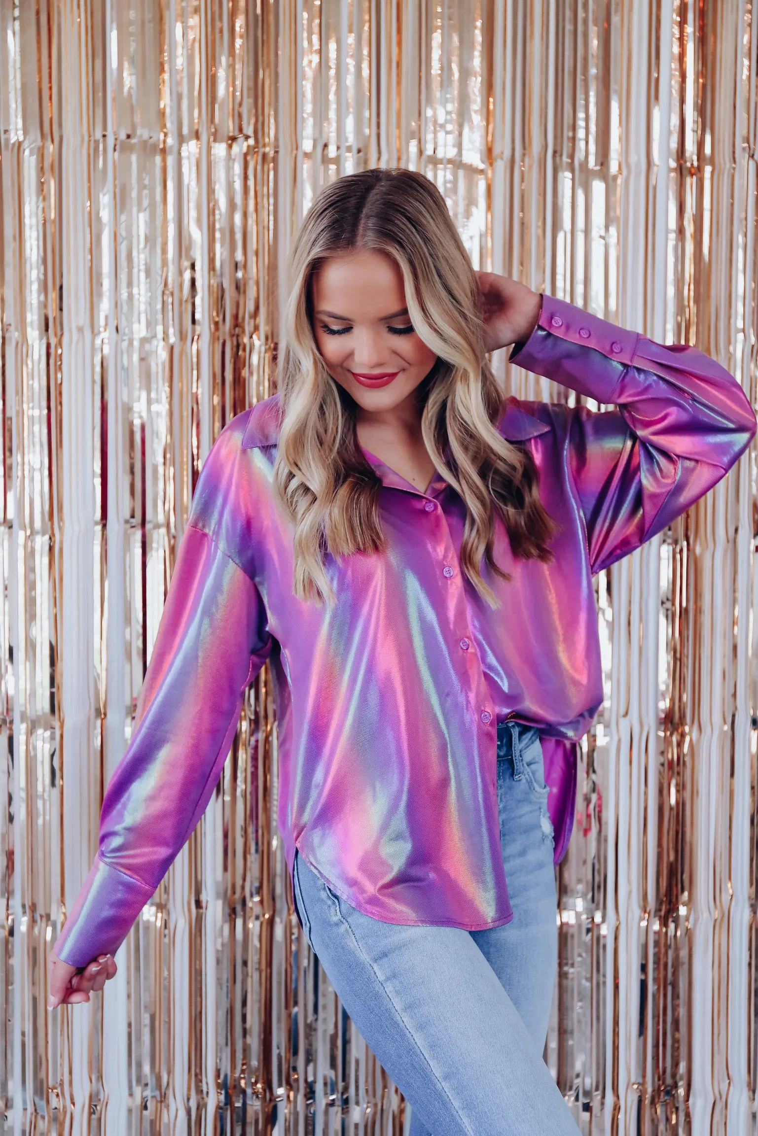Nightlife Metallic Button Up Shirt - Purple