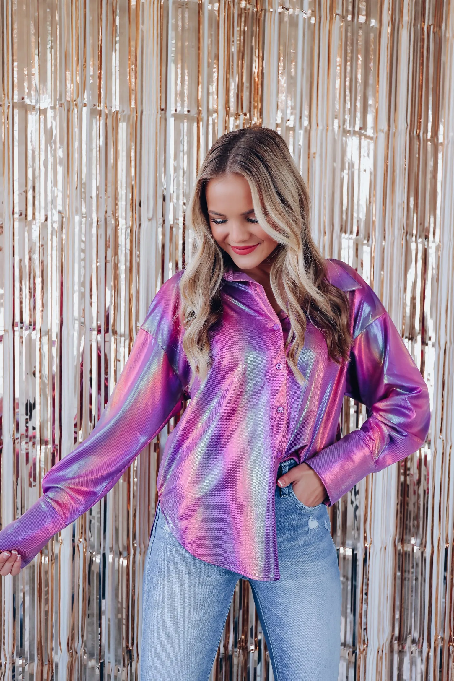 Nightlife Metallic Button Up Shirt - Purple