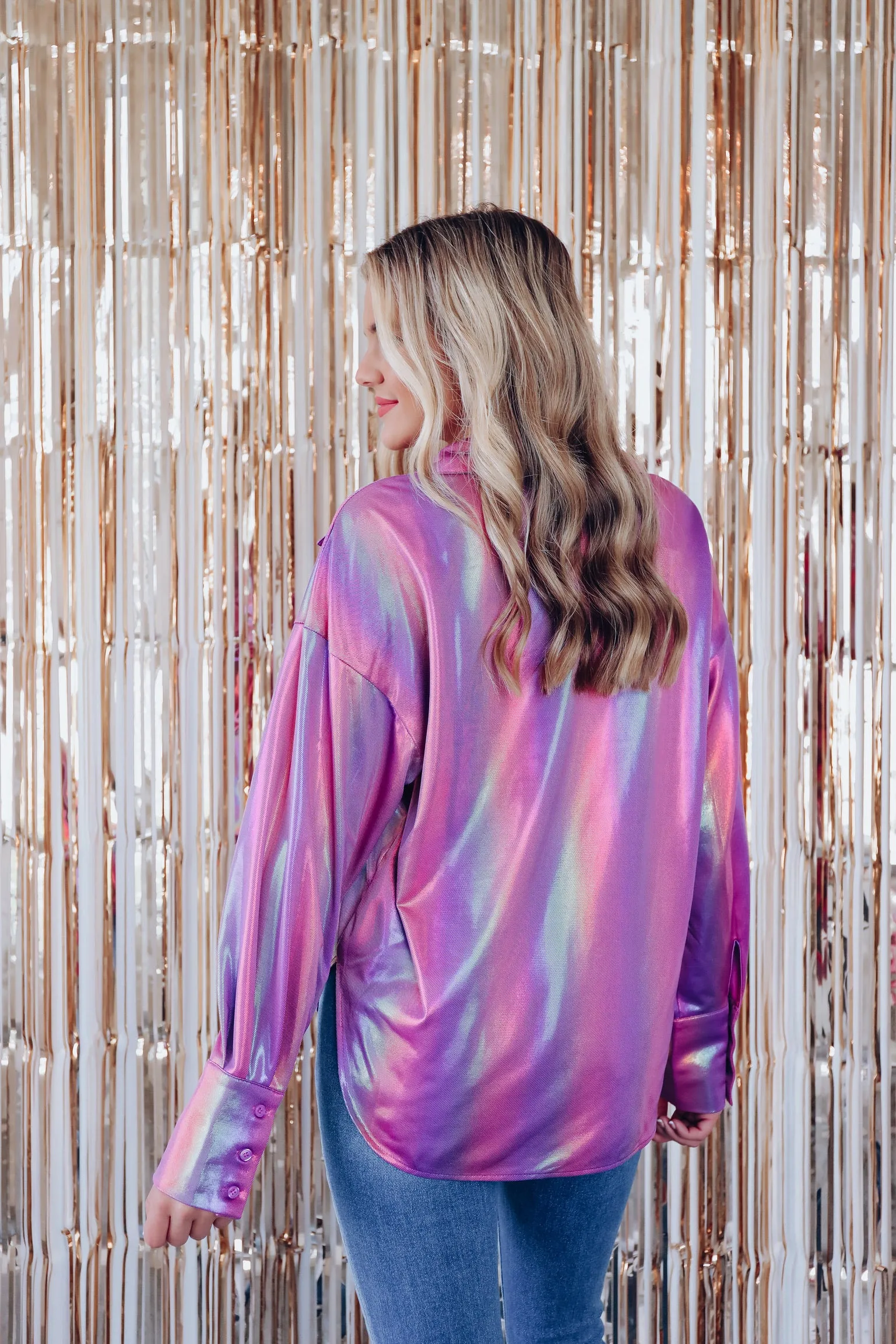 Nightlife Metallic Button Up Shirt - Purple