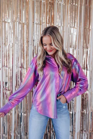 Nightlife Metallic Button Up Shirt - Purple