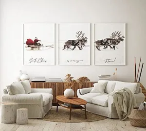 relaxed Canvas Picture 3 Pieces Canvas Christmas Santa Claus with a Sleigh Poster Wall Art Painting Gifts Artwork for Christmas Home Decor with Inner Frame Painting-01 40x55cmx3pcs=(16x22inchx3pcs)
