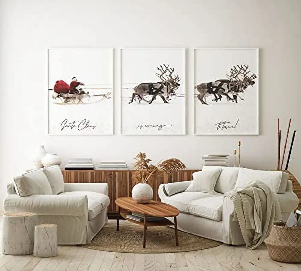 relaxed Canvas Picture 3 Pieces Canvas Christmas Santa Claus with a Sleigh Poster Wall Art Painting Gifts Artwork for Christmas Home Decor with Inner Frame Painting-01 40x55cmx3pcs=(16x22inchx3pcs)