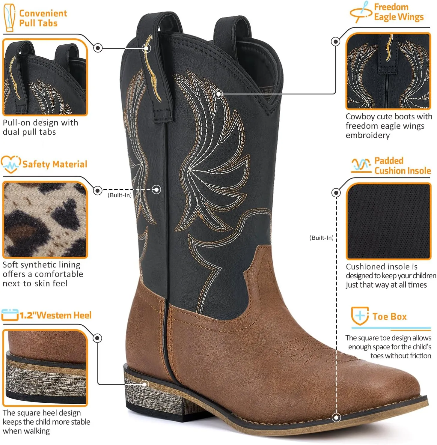 Rollda Kids Cowboy Boots for Boys Girls Western Square Toe Cowgirl Boots with Walking Heel (Toddler/Little Kid/Big Kid)