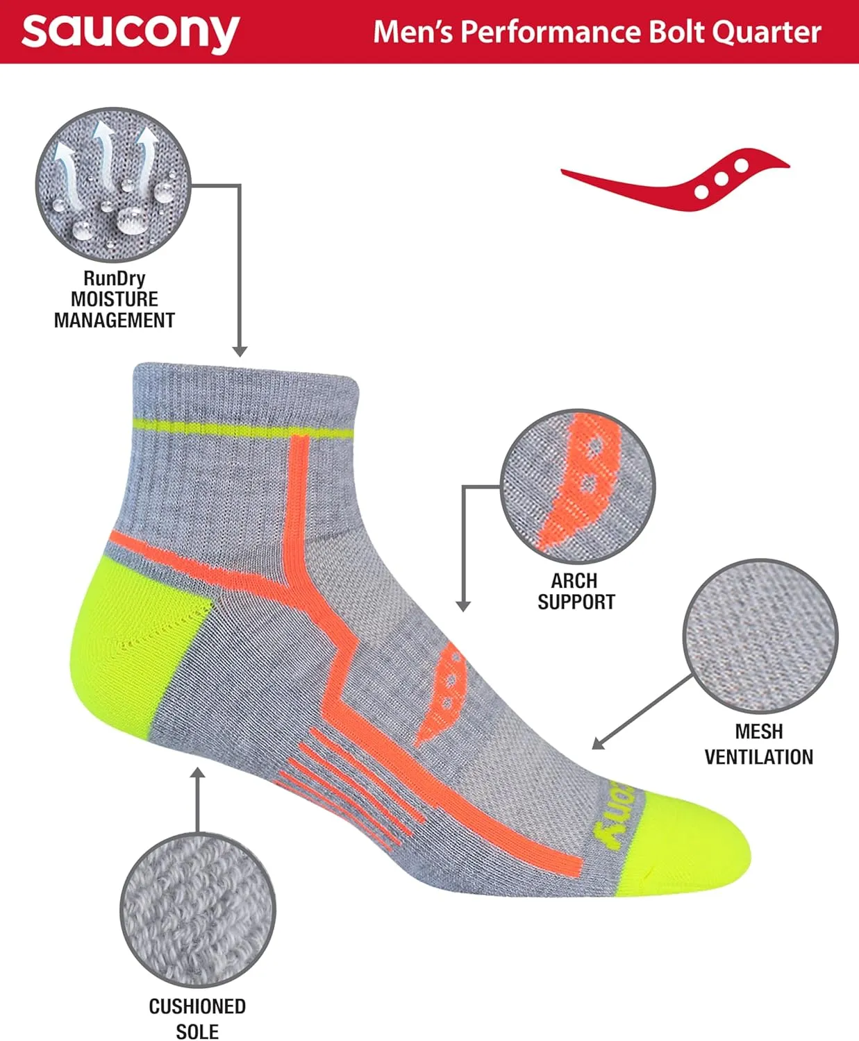 Saucony Men's RunDry Bolt Performance Quarter Socks, Available in L-XL (6, 12 Pairs)