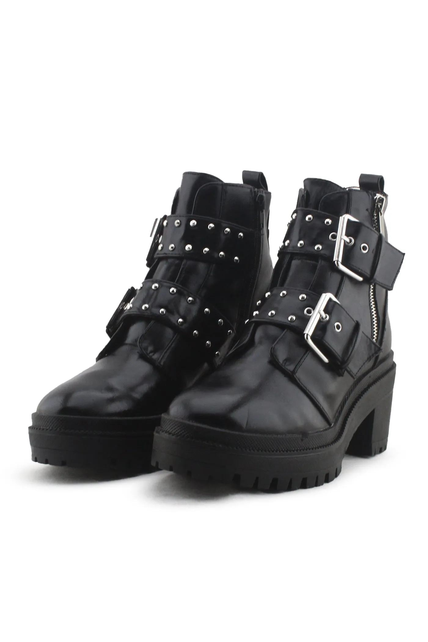 Stradivarius Zipper Buckle Straps Block Heels Ankle Boots | 100% Synthetic Leather