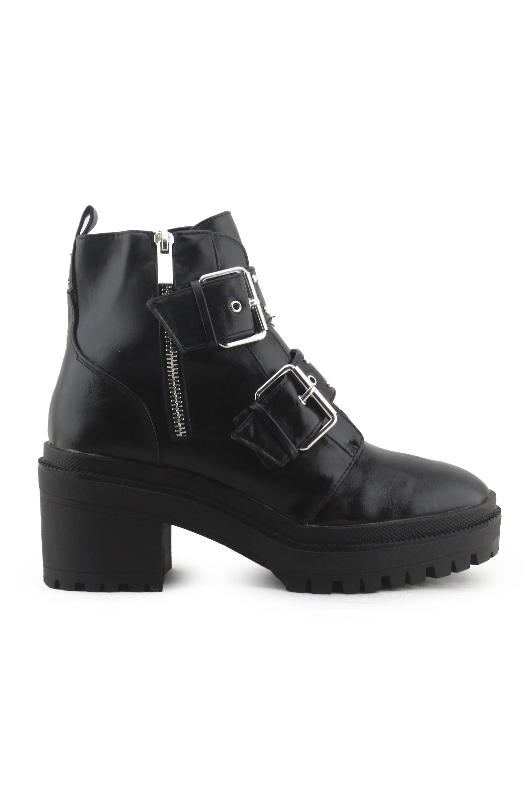Stradivarius Zipper Buckle Straps Block Heels Ankle Boots | 100% Synthetic Leather
