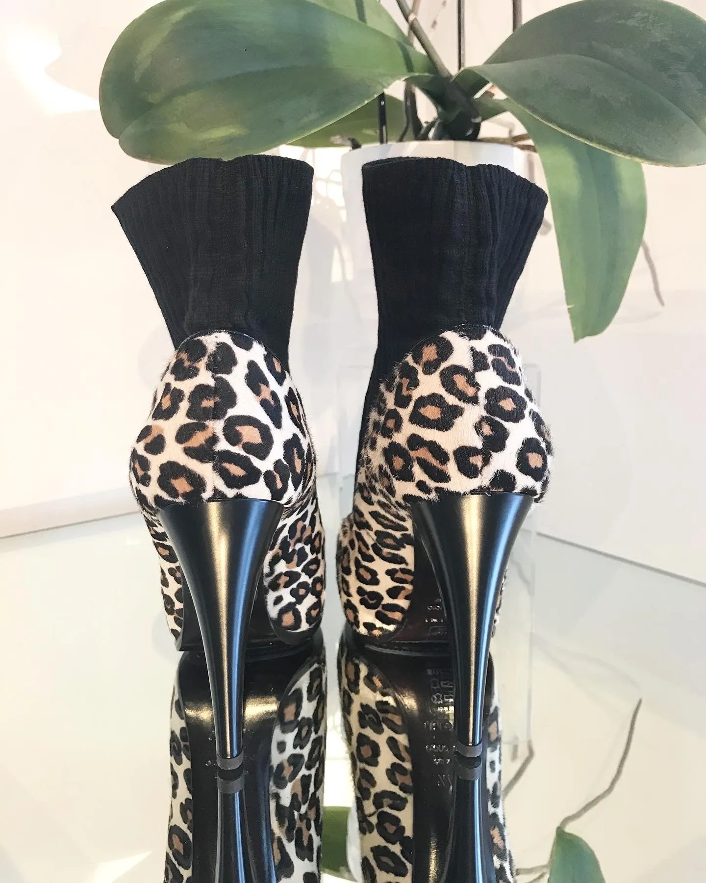 VICINI Calf Hair Leopard Print Leather Knit Pull On Platform Ankle Boots