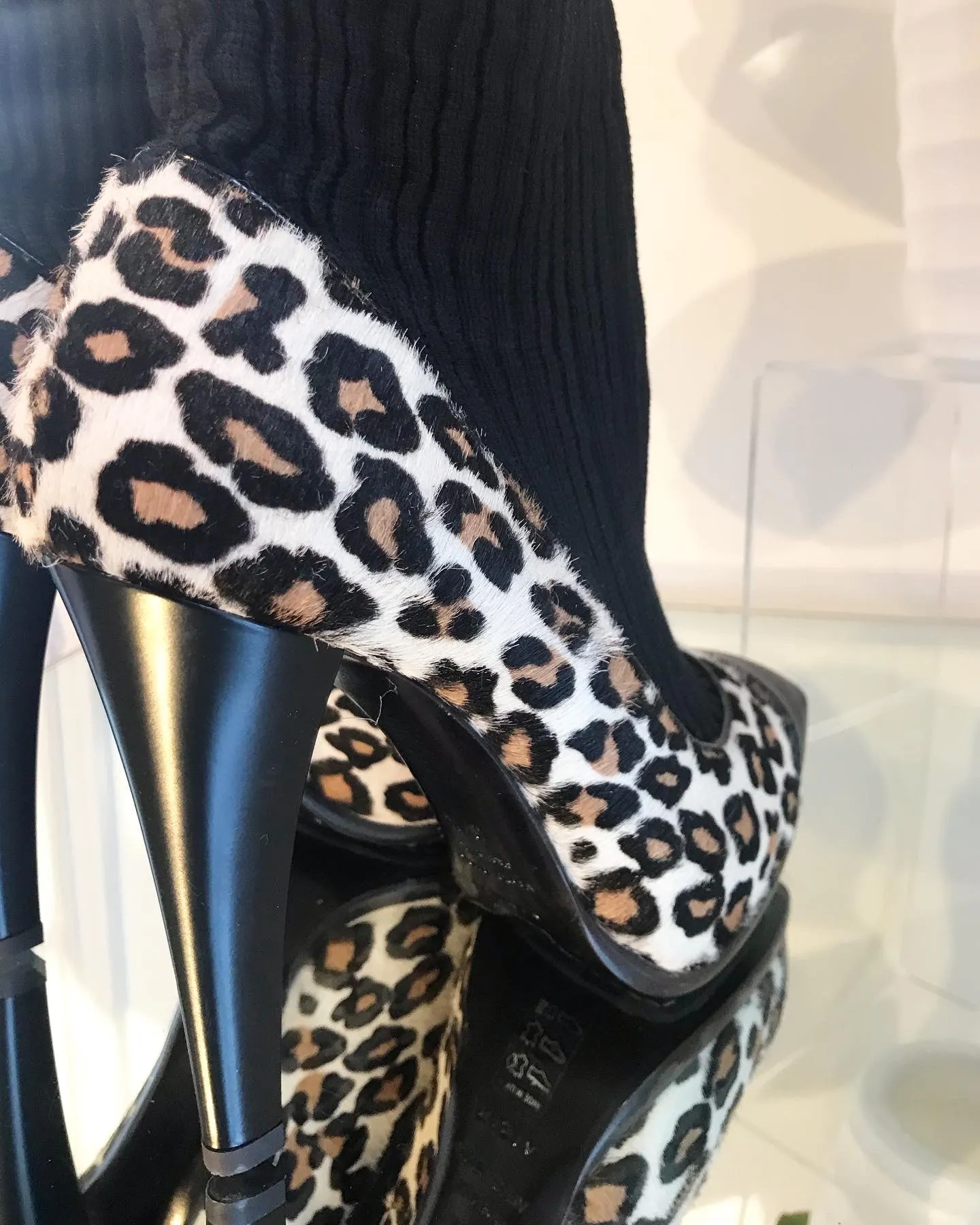 VICINI Calf Hair Leopard Print Leather Knit Pull On Platform Ankle Boots