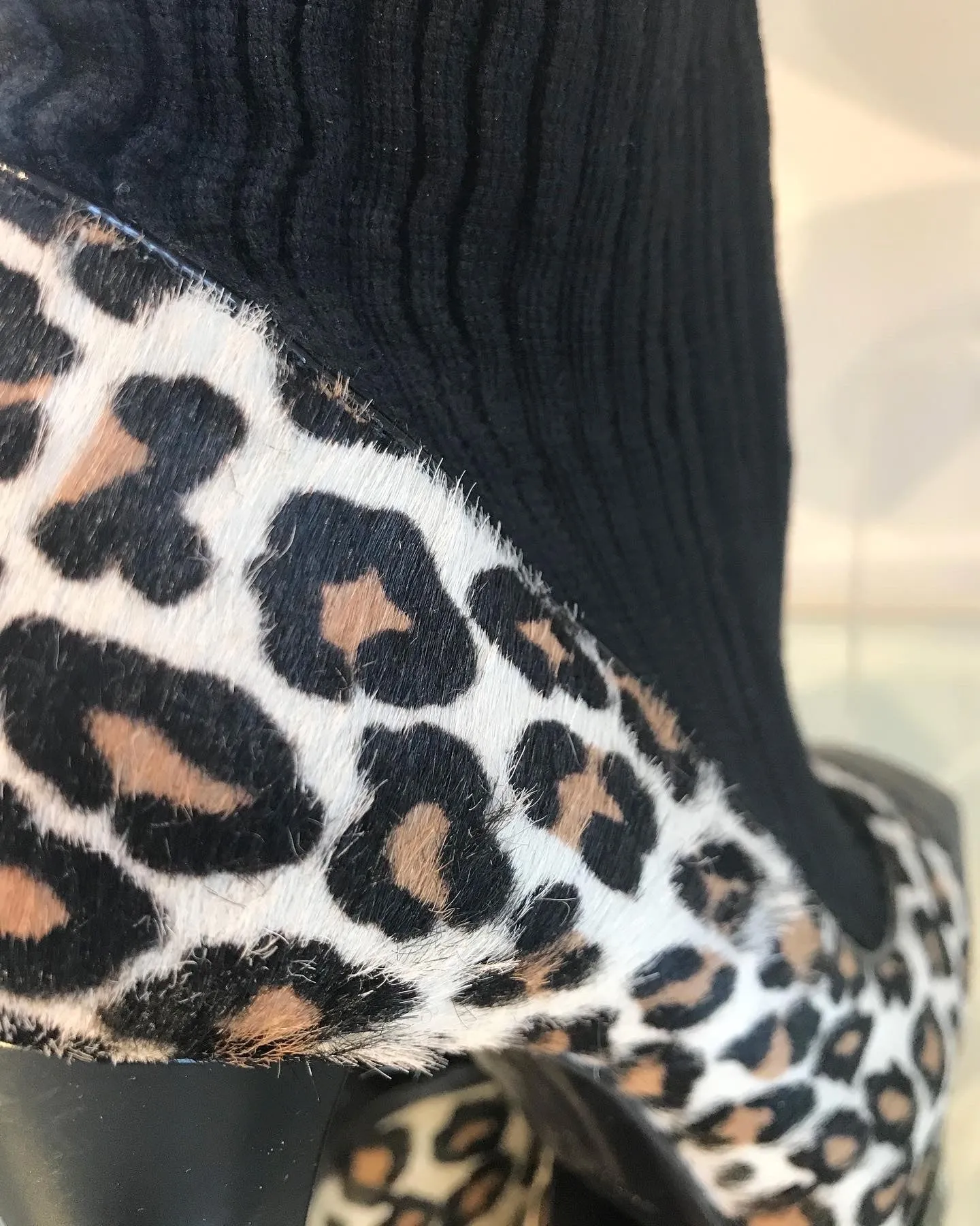VICINI Calf Hair Leopard Print Leather Knit Pull On Platform Ankle Boots