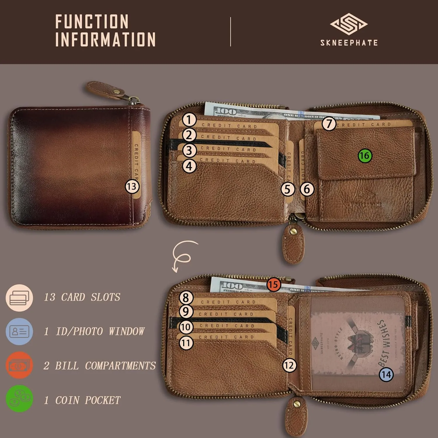 Zipper Wallet For Men,Men's Leather Wallets With Coin Pocket,Extra Capacity,RFID Blocking,Gifts for Him Husband and Boyfriend Gift (khaki)